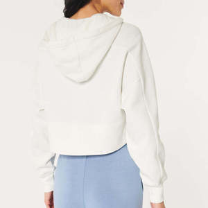 Women's <b>White</b> Cropped Hooded Zip-Up Sweatshirt <b>Long</b> <b>Sleeve</b> Solid Color Knitted Casual Winter 100% Cotton Eco-Friendly Outfit - Product Image 2