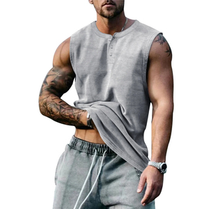 Débardeur sans manches gris pour homme, col rond, tricoté uni, 100 % coton écologique, décontracté, style muscle, avec boutons sur le devant - Product Image 4