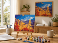 Peinture à l'huile par numéros DIY, Paysage de printemps avec montagne enneigée, bois d'érable et rivière, pour enfants, adultes et débutants