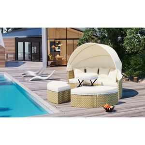 TOPMAX Meubles de patio extérieur Beige Tissage bicolore Rotin Daybed Canopy rétractable Sièges séparés Chaise longue rétractable - Product Image 2