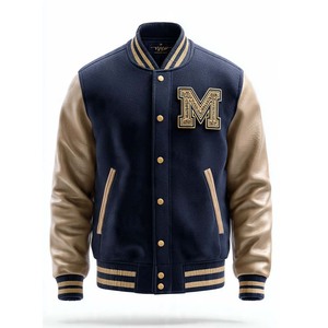 Veste de sport verte pour homme, corps en laine, manches en cuir PU, lettre F brodée sur le devant, col rabattu, style preppy, vêtement d'automne - Product Image 2