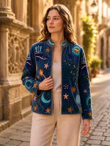 Veste en velours brodée motif symbolique, style bohème chic moderne, manteau ethnique artisanal pour festival - Product Image 1