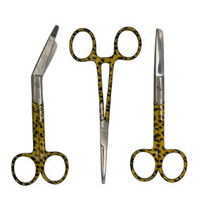 Ensemble d'instruments médicaux chirurgicaux en acier inoxydable, forgés, avec motif, 3 pièces, ciseaux de pansement jaunes, ciseaux de pansement, forceps pour artères - Product Image 1
