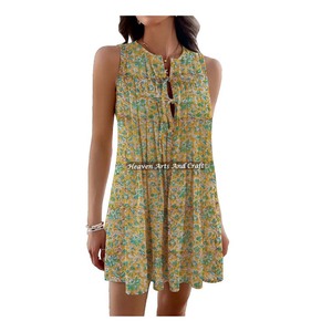 Vestido Corto Bohemio de Algodón con Estampado de Bloques, Top sin Mangas para Mujer, Camisa Ligera de Verano, Top Informal de Estilo Hippie Boho - Product Image 4