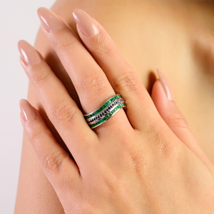 Wholesale 925 <b>Silver</b> Princess Cut <b>Emerald</b> & Round Blue Sapphire Combined Gemstone Wave Multi Layer Band <b>Ring</b> for Women - Product Image 2