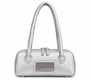 Silver PU Women Shoulder Bag Korean Style Bowling <b>Handbag</b> Crossbody Purse for Daily Use Shopping Travel - Product Image 1