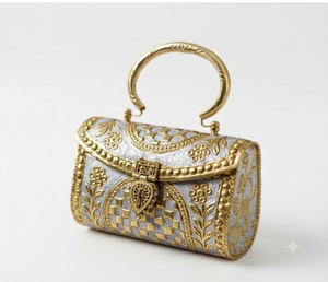 Handmade Dual Tone Metal Clutch <b>Bag</b> Luxury Gold and <b>Silver</b> Geometric Checkered and Floral Embossed <b>Evening</b> Handbag Ring Handle - Product Image 1