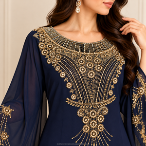 Exportateur indien de robes Abaya ethniques arabes de qualité supérieure pour femmes arabes, robe islamique à col en V, manches longues, en modal, avec travail artisanal - Product Image 4