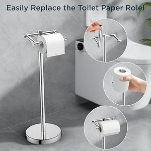 Soporte de papel higiénico cromado independiente de acero inoxidable, dispensador vertical de rollos de papel para baño con base pesada - Product Image 3