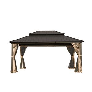12' X 14' Brown Hardtop Aluminum Metal Gazebo Double Roof Galvanized <b>Steel</b> <b>Pergola</b> for Outdoor Dining Party Wedding Canopy - Product Image 1