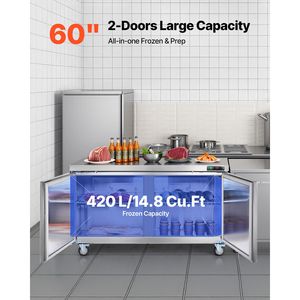 Congelatore Commerciale da Cucina da 60 Pollici (14,8 Cu.Ft) Sottobanco con Illuminazione LED Automatica, 2 Porte e Porta Bloccabile - Product Image 2