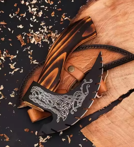 <b>Viking</b> Hand Forged Custom Pizza <b>Axe</b> Multi-Purpose Stainless Steel Blade Etching Pattern Customized Handle Leather Sheath - Product Image 5