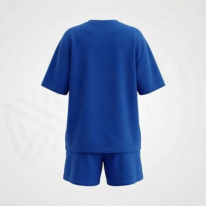 Conjunto de 2 Piezas de Punto Azul Unisex, Camiseta de Manga Corta con Cuello Redondo y Pantalones Cortos por Encima de la Rodilla, Estampado Geométrico, Casual, Primavera Verano - Product Image 2