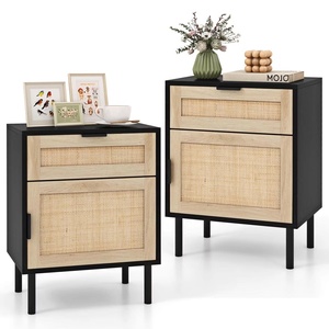 Mango wooden nightstand with Drawer and <b>Cabinet</b> <b>Black</b> Rattan Nightstand for Modern Boho Bedroom Decor - Product Image 1