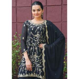 Designer Straight Shaped Chiffon Sharara Suit with Natural Waistline and Sequence Embroidered Work - Product Image 2