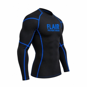 Flair <b>Men's</b> Long Sleeve Compression <b>Shirt</b> <b>Black</b> Blue Trim Quick Dry Sporty <b>Fit</b> O-Neck Knitted Polyester - Product Image 4