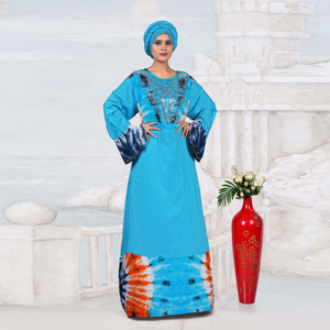 Robe longue islamique pour femme, style kaftan modeste en rayonne, avec col orné de diamants, motif tie-dye, manches longues, style Moyen-Orient - Product Image 5
