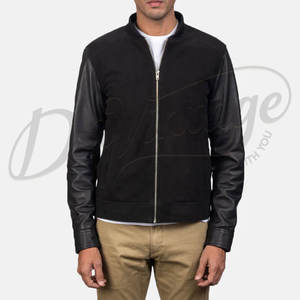 Chaqueta bomber de gamuza negra para hombre con mangas de cuero genuino, estilo híbrido ajustado, estilo motociclista, con cremallera, estilo universitario. - Product Image 4