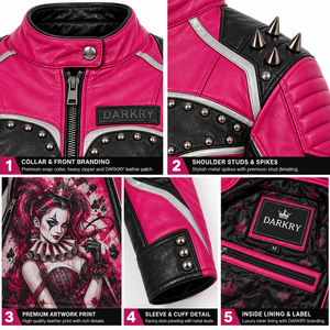 Chaqueta de cuero genuino rosa intenso y negro para motociclista, con estampado gráfico de reina payaso y detalles de pinchos, abrigo de carreras para mujer, proveedor de servicios OEM y ODM personalizados. - Product Image 6
