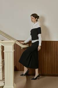 Conjunto de Falda para Mujer, Tejido, Elegante/Formal/Oficina, MARINA - Camisa Caqui con Capas en Blanco y Negro KS49 - Product Image 5