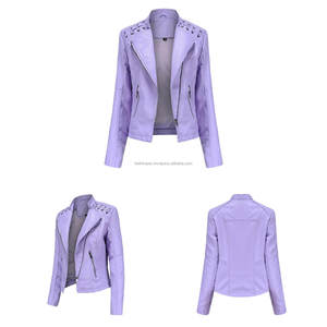 Violet clair fermeture éclair Moto Biker Style ajusté matelassé point cuir vestes pour femmes avec des accents de dentelle poches zippées automne élégant - Product Image 3