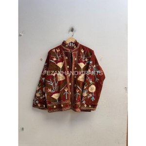 Wholesale Suzani Velvet <b>Jacket</b> <b>Women</b> Hand <b>Embroidered</b> Velvet <b>Jacket</b> Mandarin Collar Floral Suzani Style Short Coat - Product Image 2
