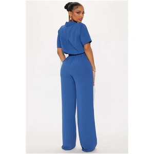 Combinaison en satin bleu taille haute pour femme, manches courtes, col rabattu, coupe ample, style moderne streetwear, printemps-été - Product Image 2