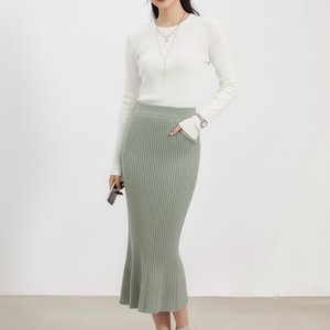 กระโปรงมิดิทรงเมอร์เมดผ้าวูลถักลายริบสำหรับผู้หญิง เอวสูง สไตล์ลำลอง เรียบง่าย แฟชั่นทันสมัย เนื้อผ้ายืดหยุ่นใส่สบาย - Product Image 1