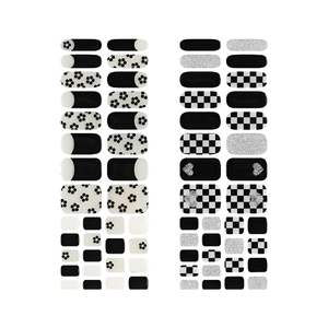 Korean Nail Strip Semi Cured Gel Nail Stickers Private Label Cutie <b>Black</b> Flower Heart Checkerboard - Product Image 3