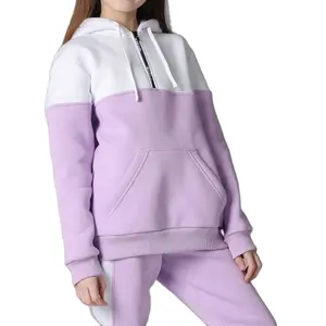 Großhandel Trainings anzüge Mädchen Ihr eigenes Logo Tri Colors Custom Half Zipper Baumwolle Fleece Casual Sports Outwear Trainings anzüge