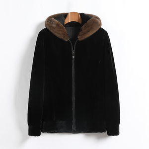 OEM Men's Winter Black Zipper <b>Fur</b> <b>Jacket</b> With Brown <b>Hood</b> Thick Solid Casual Coat For Men - Product Image 1