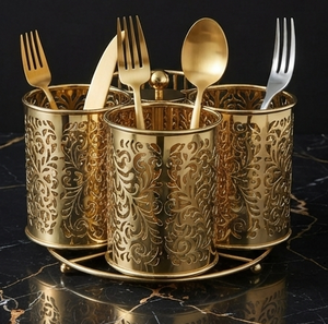 Porte-couverts rotatif à 360° en métal doré, organisateur d'ustensiles à 3 compartiments, support creux sculpté pour la cuisine - Product Image 1