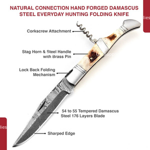 Cuchillo Plegable de Acero de Damasco Forjado a Mano de Grado Industrial UA Supplies con Sacacorchos y Abrebotellas para Camping EDC - Directo de Fábrica - Product Image 3