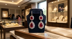 Boucles d'oreilles pendantes en argent 925 avec rubis et diamants ronds taille brillant sertis à griffes, pierres de naissance de juillet, luxe, tendance, pour femme, mariage - Product Image 5