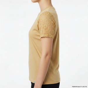 Camiseta de Manga Corta con Cuello Redondo y Mangas de Encaje para Mujer, Color Sólido, Transpirable, Tejida, Informal, para Primavera y Verano - Product Image 3