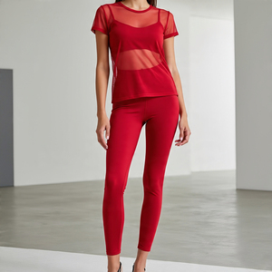 <b>Red</b> 2 Piece Yoga Set With <b>Crop</b> <b>Top</b> Full-Length Leggings High Waist Sheer Layer Cut-Out Design Seamless Breathable - Product Image 5