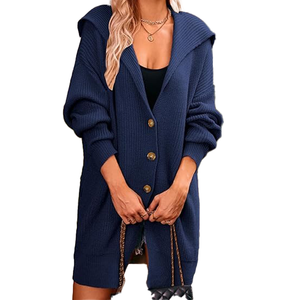 Luxury Class Women's <b>Navy</b> <b>Blue</b> Knitted Hooded <b>Cardigan</b> Long Sleeve Solid Color Button Front Casual Autumn Wear - Product Image 2