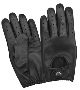 Gants de conduite en cuir de mouton noir avec doigts perforés et sangle de poignet réglable pour hommes et femmes - Product Image 4
