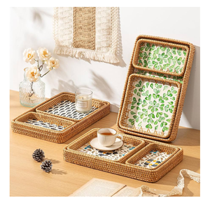 Plateau de service écologique en nacre et rotin pour table de mariage, plateau de rangement pour verres avec poignée, forme ronde - Product Image 2