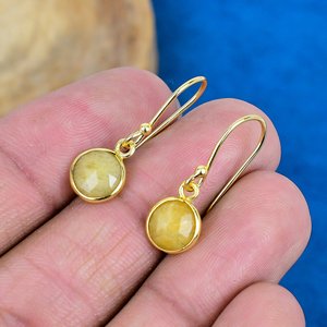 Natural Yellow Sapphire Round Shaped Gemstone Dangle <b>Handmade</b> <b>Earrings</b> 18k Micron Gold Over 925 Sterling Silver - Product Image 3