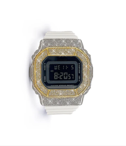 Montre numérique avec accents de diamants, bracelet en acier inoxydable blanc, boîtier carré, luxe, mode unisexe, résistante à l'eau 10 bars - Product Image 1