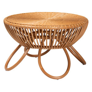 Abel Natural Table basse d'appoint Boho fabriquée à la main avec pieds évasés Rotin miel clair Style bohème unique - Product Image 1