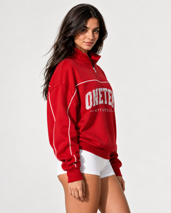 ONETEN APPARELS Red <b>Quarter</b> <b>Zip</b> <b>Sweatshirt</b> Oversized Regular Fit 100% Cotton French Terry Front Logo Casual Unisex Winter Wear - Product Image 2