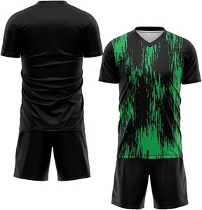 Ensemble de maillots de football personnalisés pour hommes, noir et vert, sublimés, col en V, évacuation de l'humidité, manches courtes, coupe athlétique, toutes saisons - Product Image 1