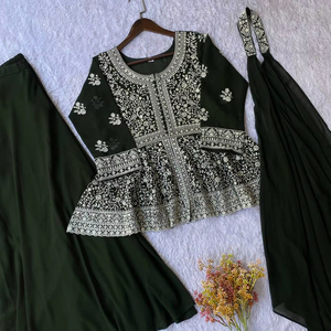 Georgette <b>Kurti</b> with Front and Back Sequence Embroidery Work Matching Plain Plazzo and Embroidered Dupatta Ethnic Women Set - Product Image 1