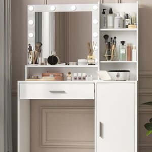 Specchio da Trucco con Luce a Tre Livelli, 3 Modalità di Illuminazione, Luminosità Regolabile, Grande Cassetto, Scrivania Vanity con Tre Livelli di Stoccaggio - Product Image 1