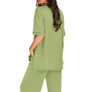 Ensemble en cordon vert asymétrique pour femme, en pur chiffon avec boutons - Product Image 6