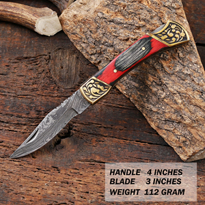 Industrial Grade Damascus Steel Bevel Folding Utility Knife Pakka Wood Handle <b>Leather</b> Sheath ODM OEM Pocket EDC Hunting Camping - Product Image 3