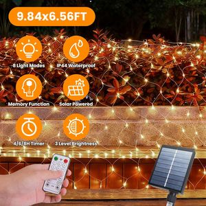 Luci Natalizie a Rete Solare da Esterno 3x2m 192 LED Dimmerabili IP44 Impermeabili con Telecomando, Timer, Memoria e 8 Modalità Divertenti - Product Image 1