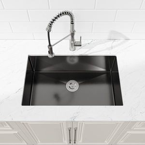 Lavello da Cucina Singolo 27x19 Pollici, Fatto a Mano, Nero, da Incasso, con Scarico Standard USA, Forma Quadrata e Un Foro - Product Image 2